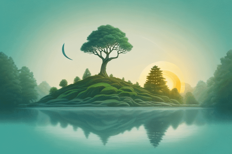 A serene natural landscape with symbolic elements like a strong tree A serene natural landscape with symbolic elements like a strong tree