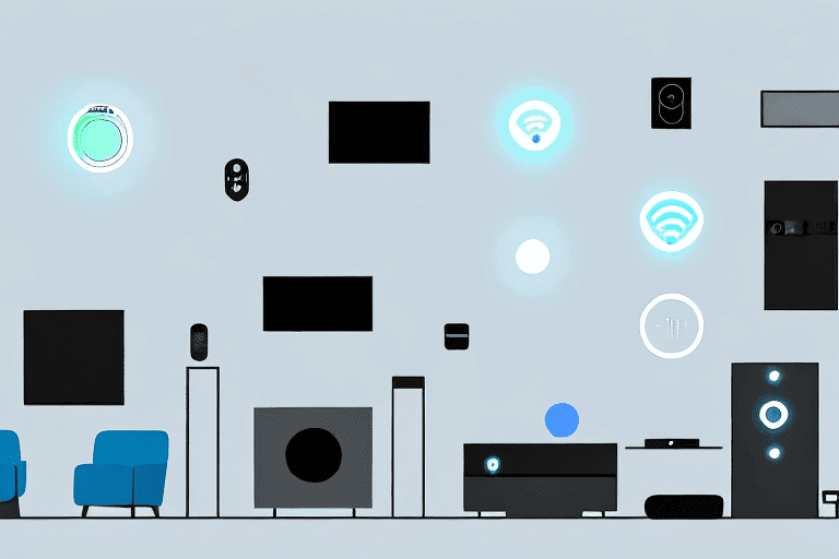 A modern living room filled with various smart home devices such as a smart tv A modern living room filled with various smart home devices such as a smart tv